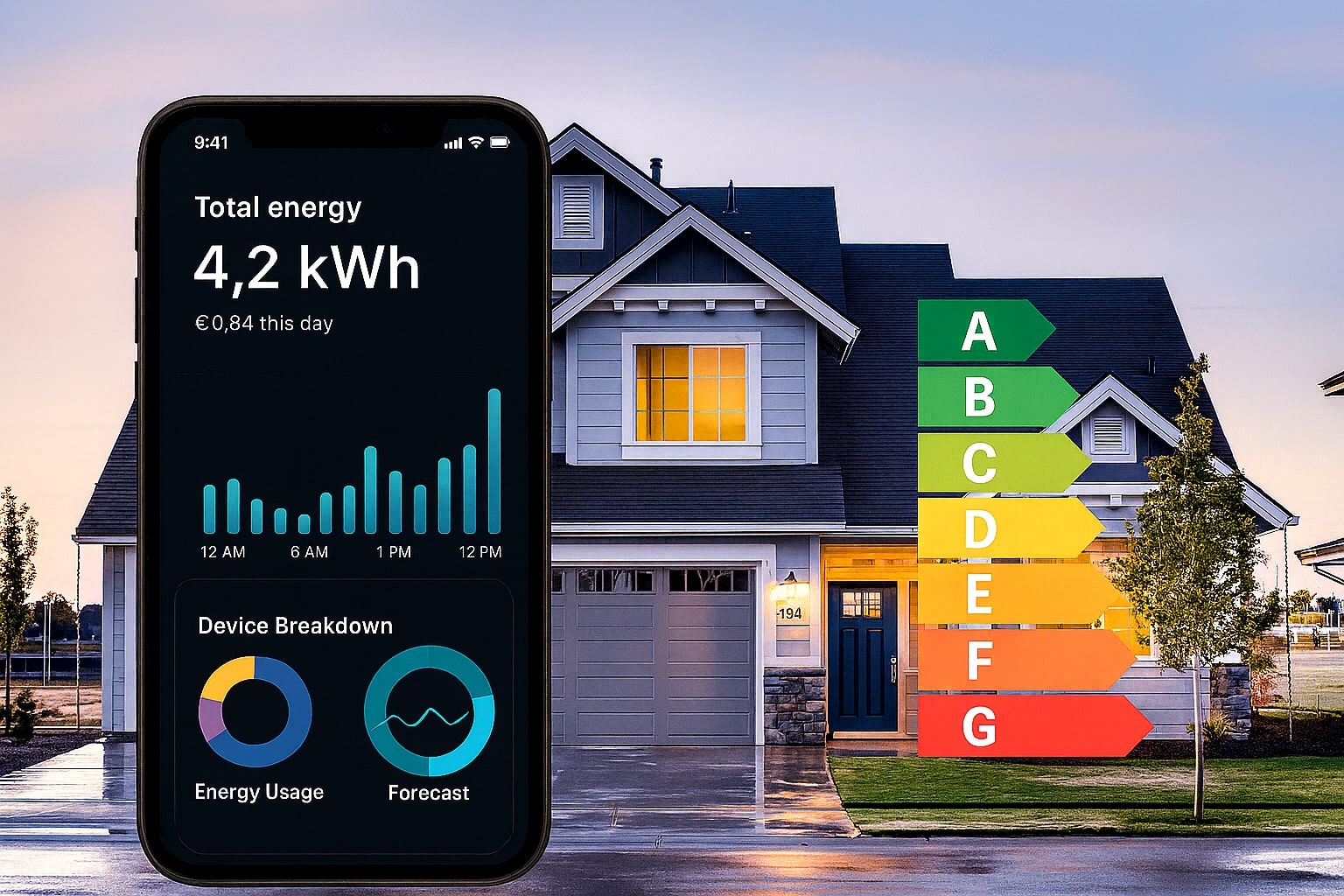Mobile phone displaying energy dashboard with graphs, charts, and real-time electricity usage analytics interface
